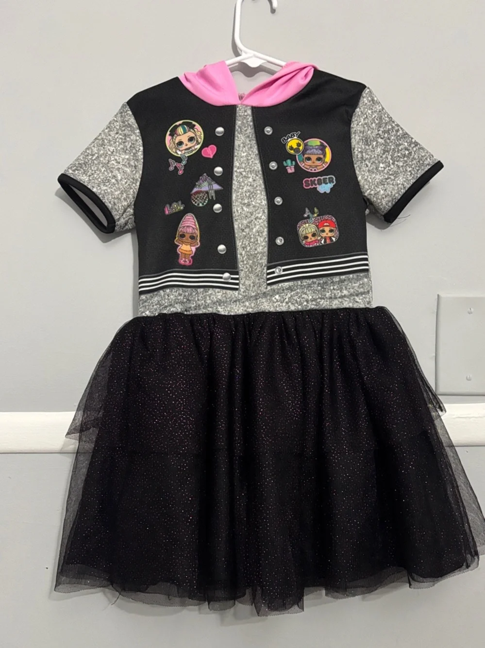 L.O.L. Surprise! Black Sparkle Tulle Hooded Costume Dress with Pink Hood